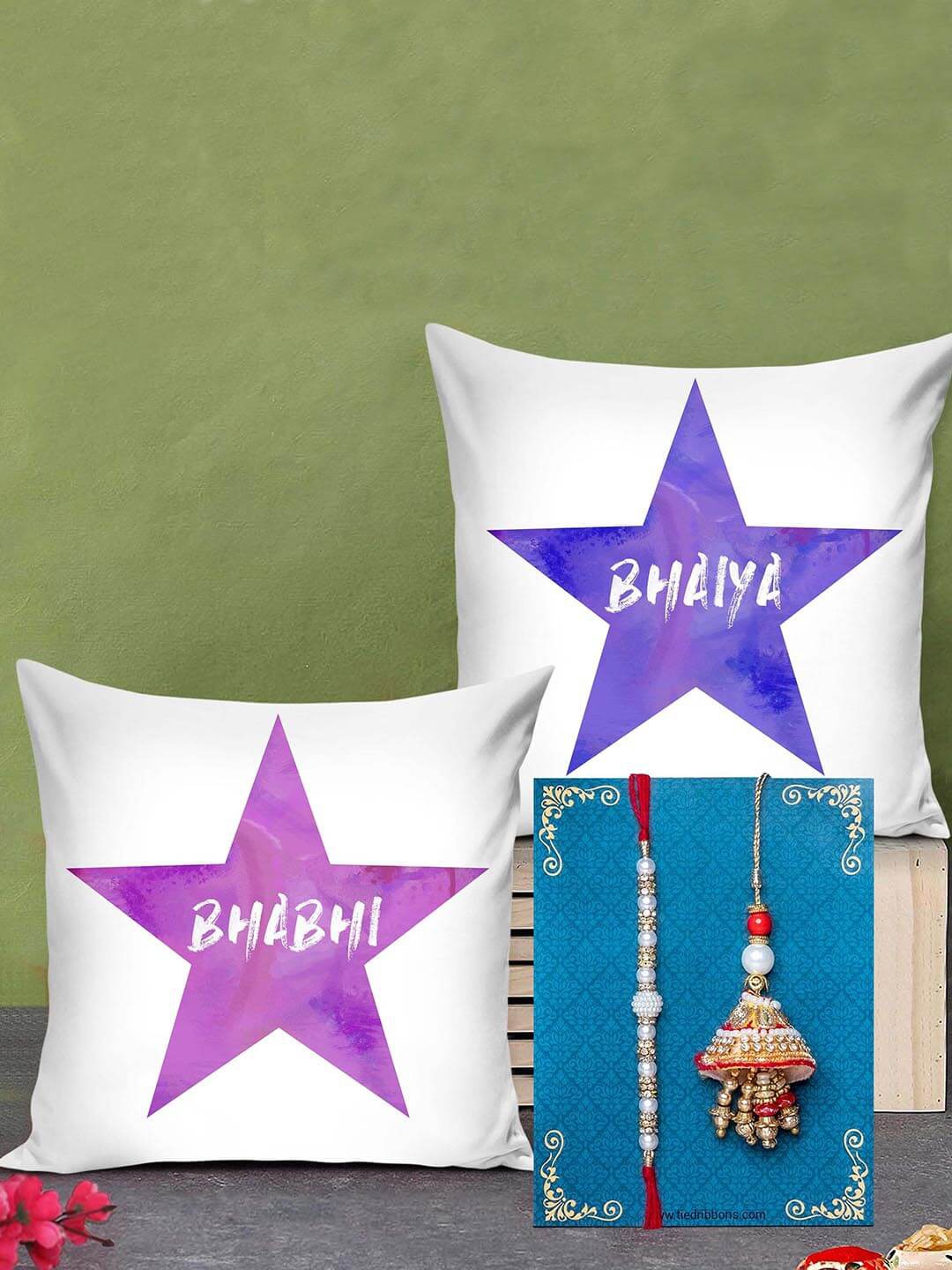 

TIED RIBBONS Bhaiya Bhabhi Lumba Rakhi & Printed Cushion Combo Gift Set, Multi
