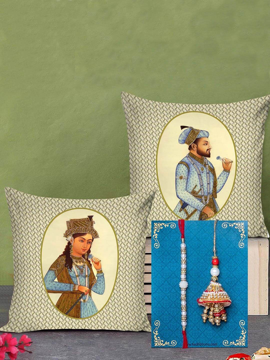 

TIED RIBBONS Designer Bhaiya Bhabhi Rakhi with Printed Cushion Combo Gift Set, Multi