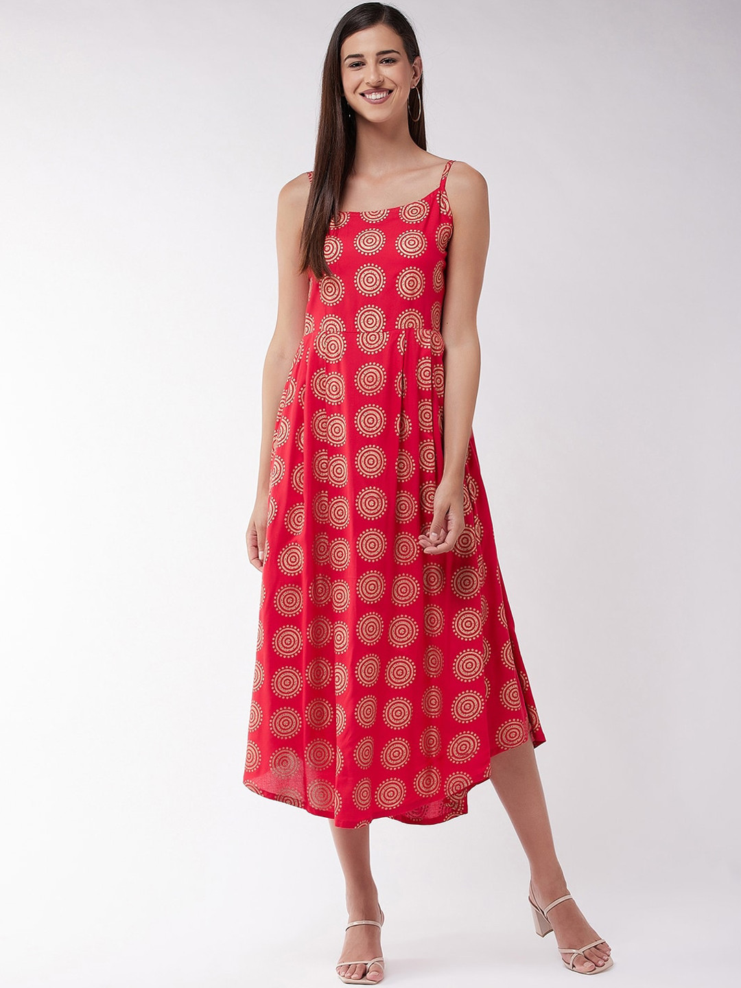 

InWeave Red Strap Sleeve A-Line Midi Dress