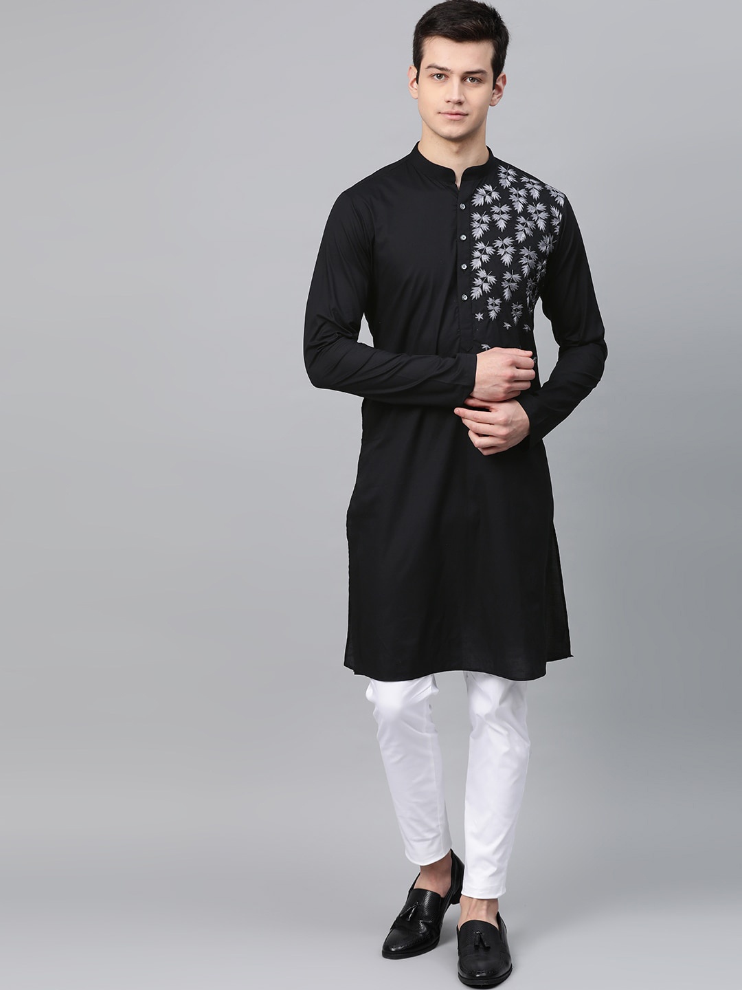 

See Designs Men Black & White Embroidered Straight Kurta