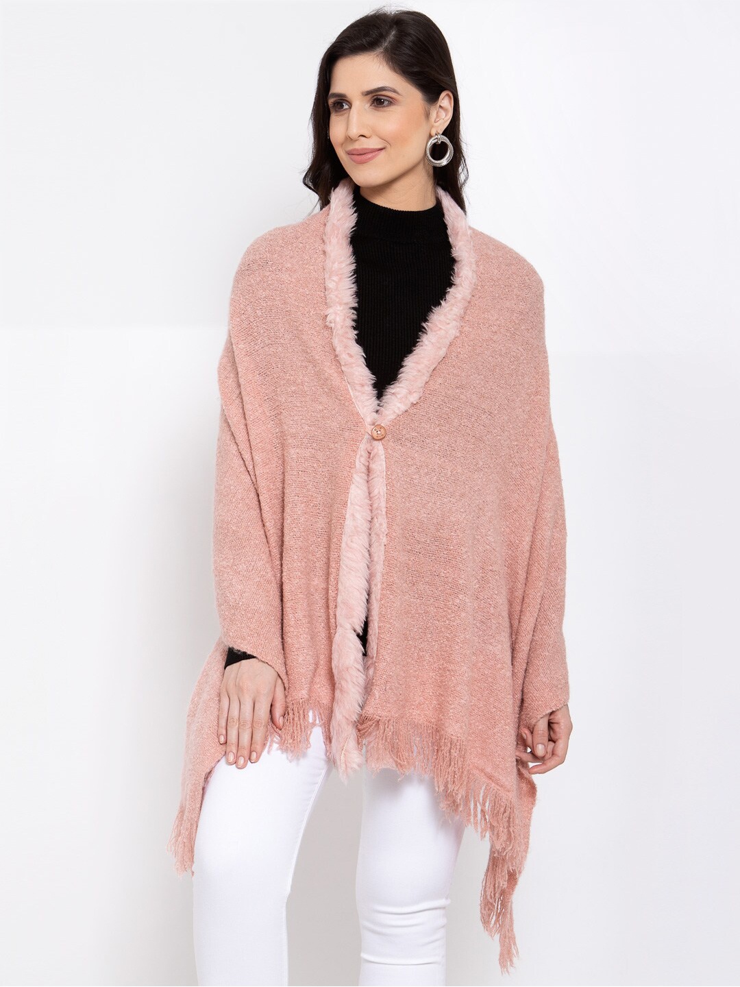 

513 Women Pink Woven Design Stole With Fringed Border