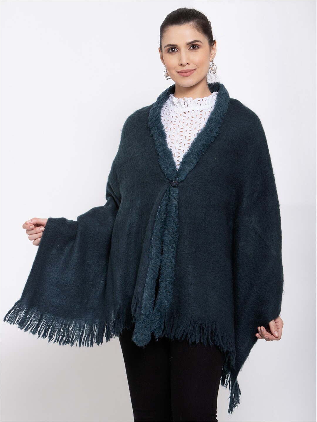 

513 Women Navy Blue Solid Acrylic Stole With Button