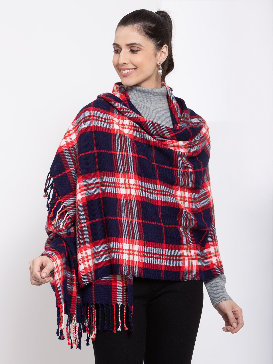 

513 Women Navy Blue & Red Checked Stole