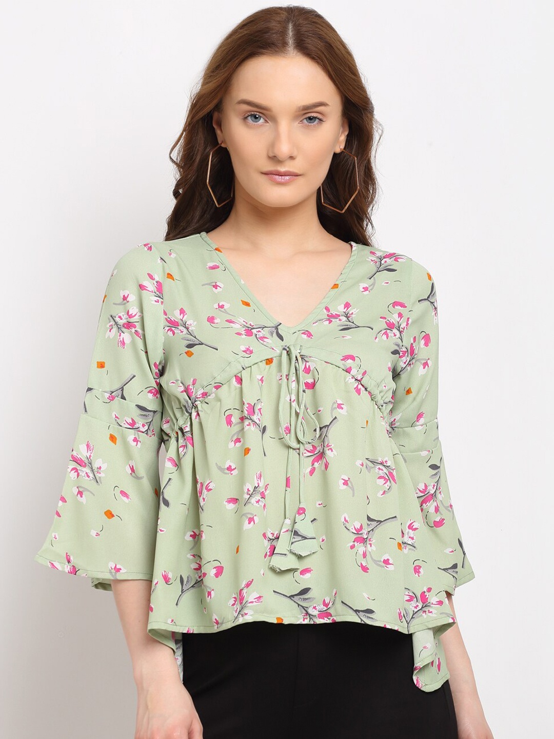 

La Zoire Women Green & Pink Floral Printed Georgette Empire Top