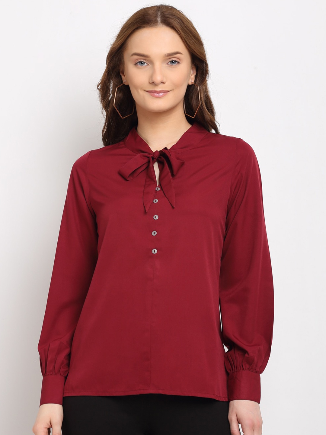 

La Zoire Women Maroon Tie-Up Neck Crepe Regular Top