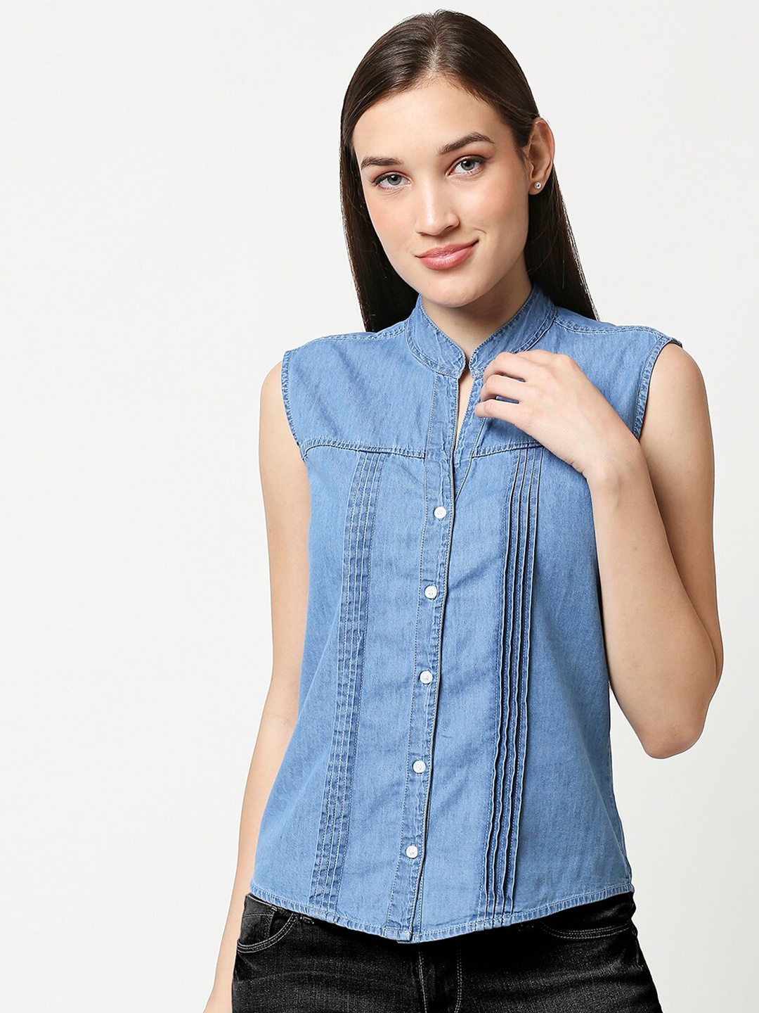 

High Star Women Blue Mandarin Collar Denim Shirt Style Top