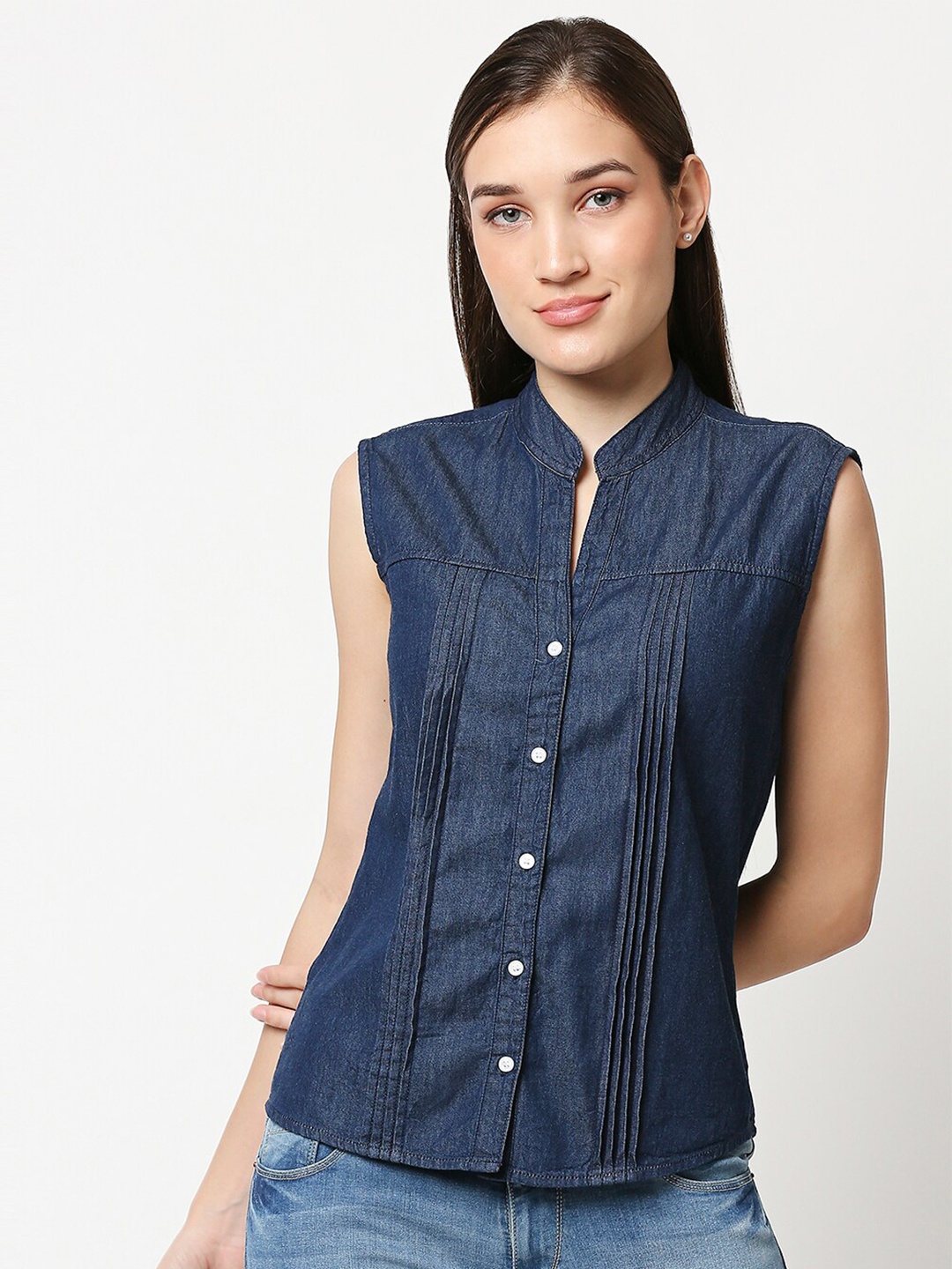

High Star Women Navy Blue Mandarin Collar Denim Shirt Style Top