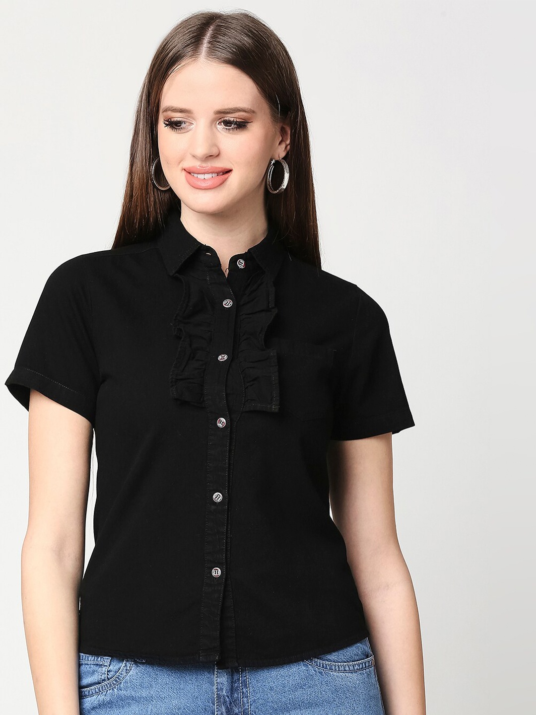 

High Star Women Black Ruffles Denim Shirt Style Top