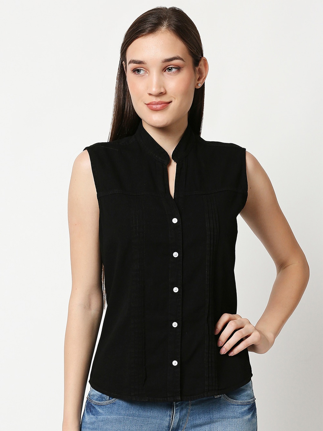 

High Star Women Black Mandarin Collar Denim Regular Top