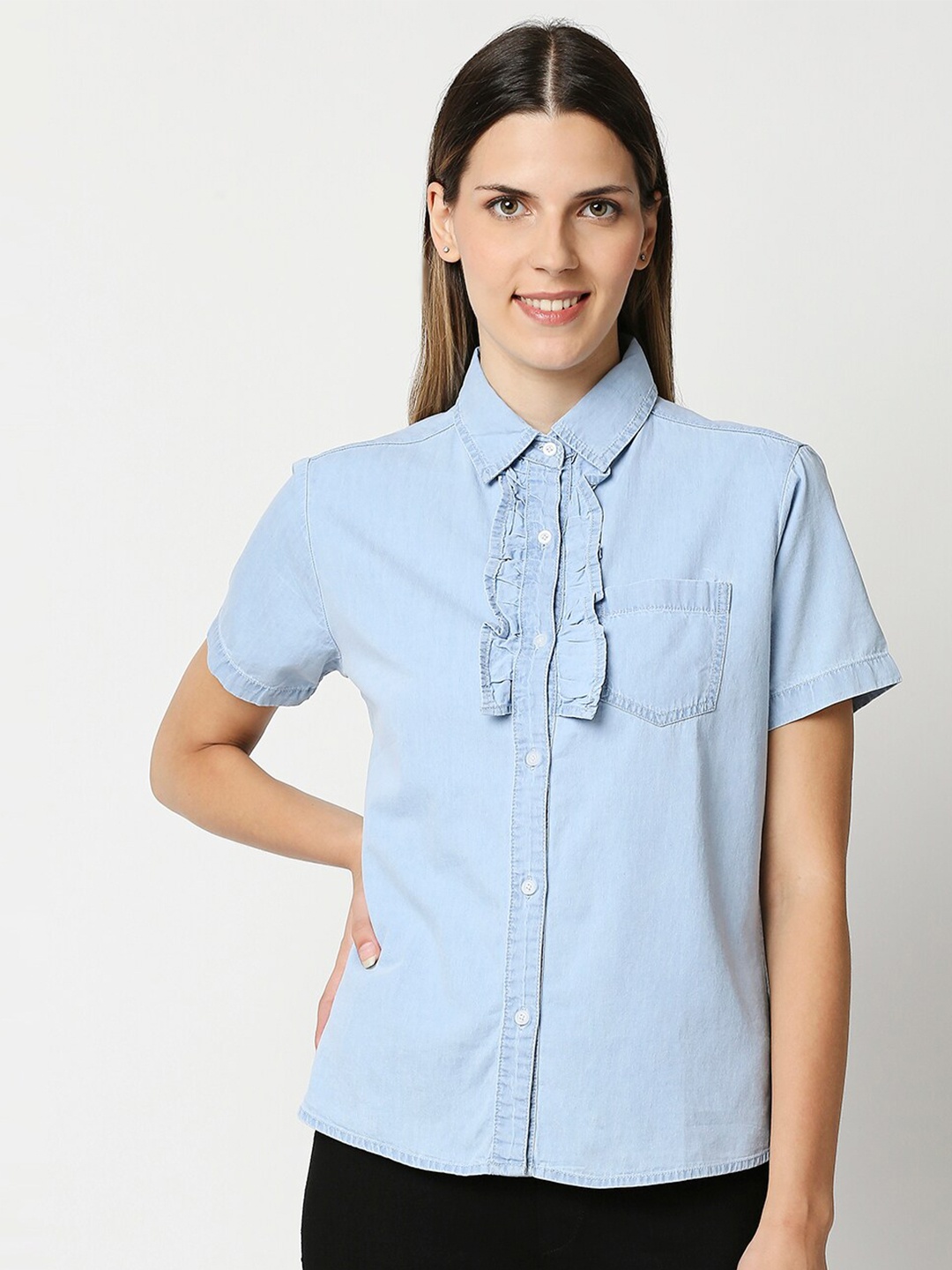 

High Star Blue Ruffles Denim Shirt Style Stretchable Top