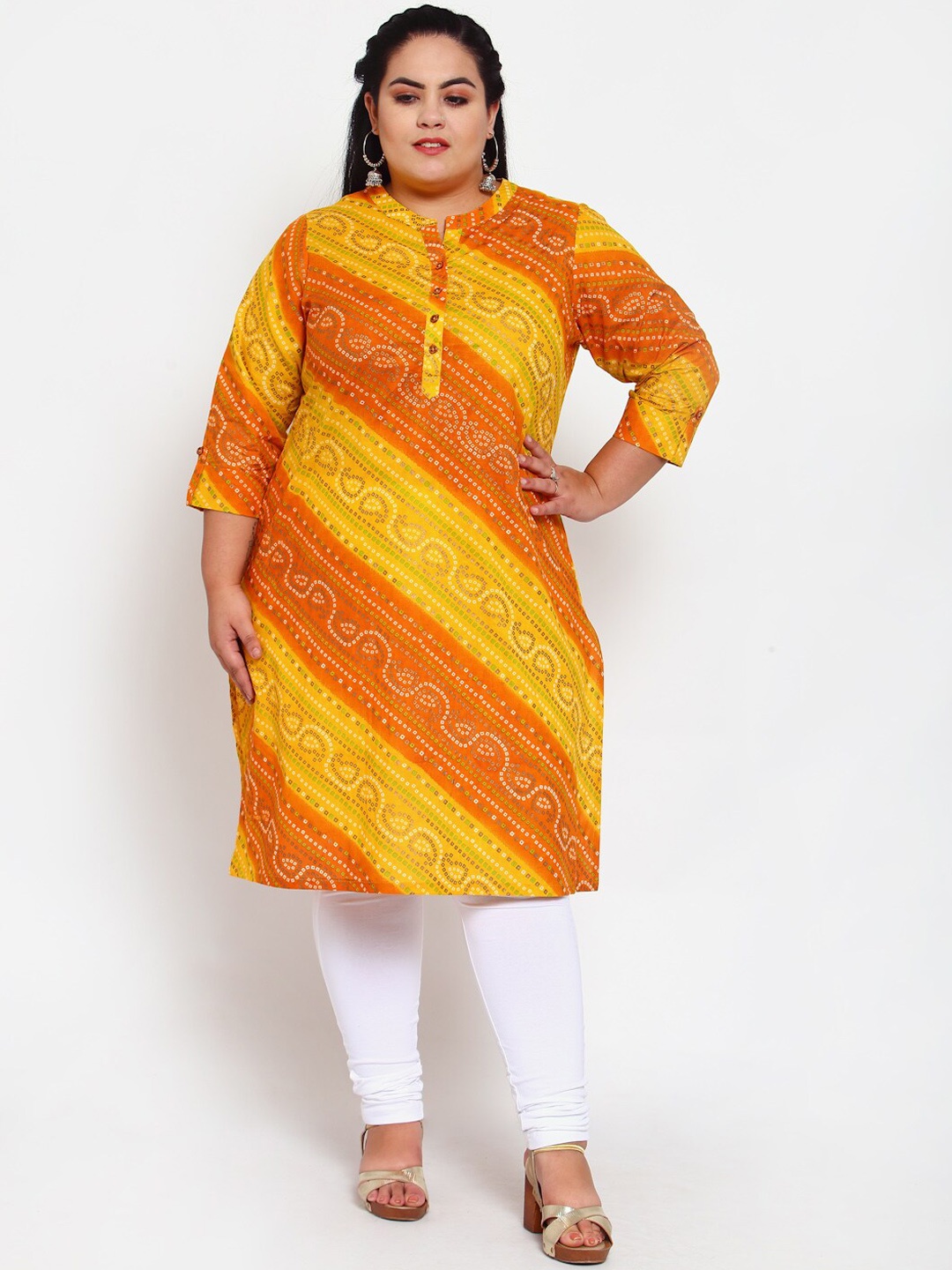 

plusS Women Orange & Yellow Bandhani Printed Kurta