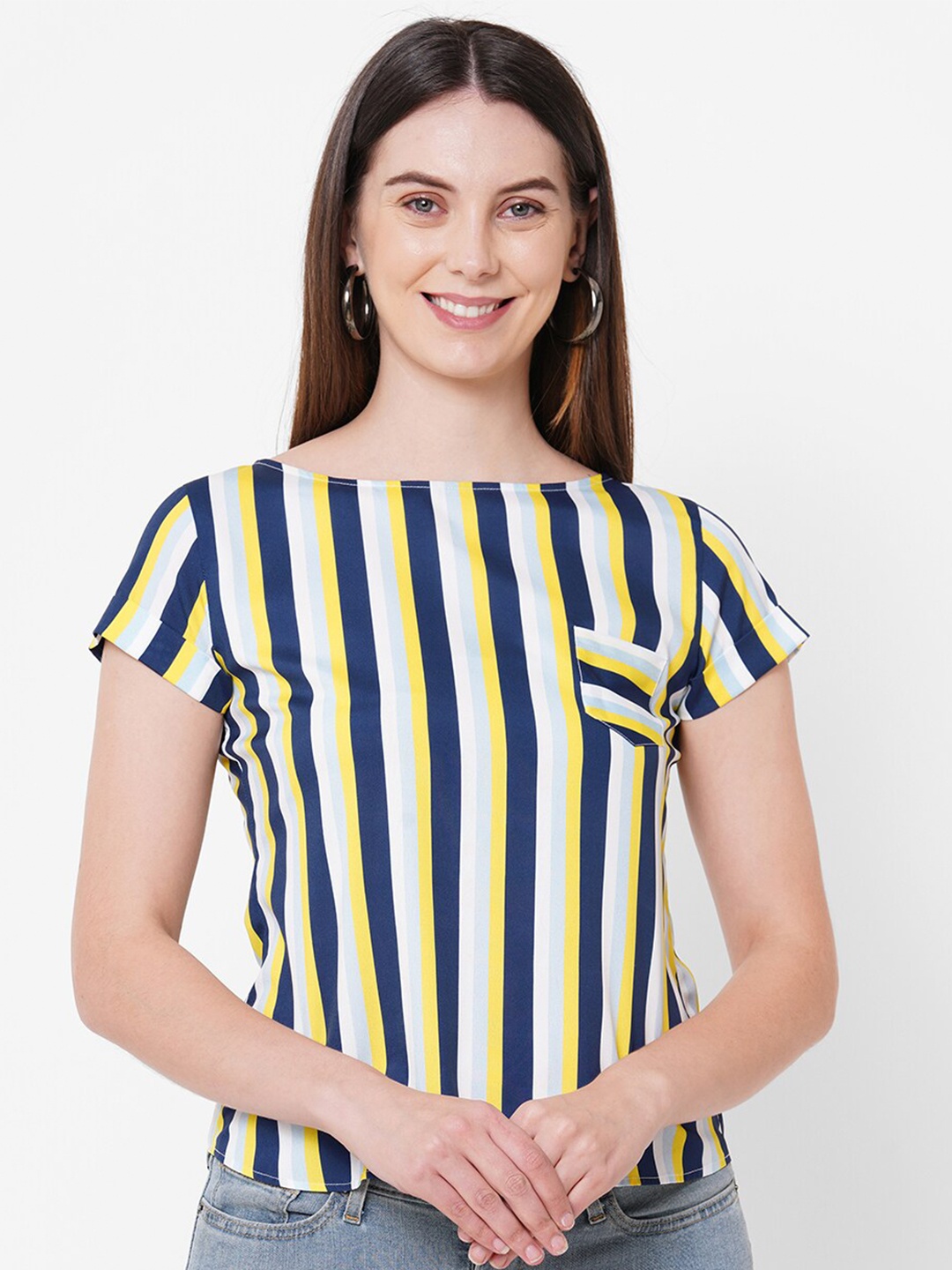 

MISH Navy Blue & billowing sail Striped Extended Sleeves Crepe Regular Top