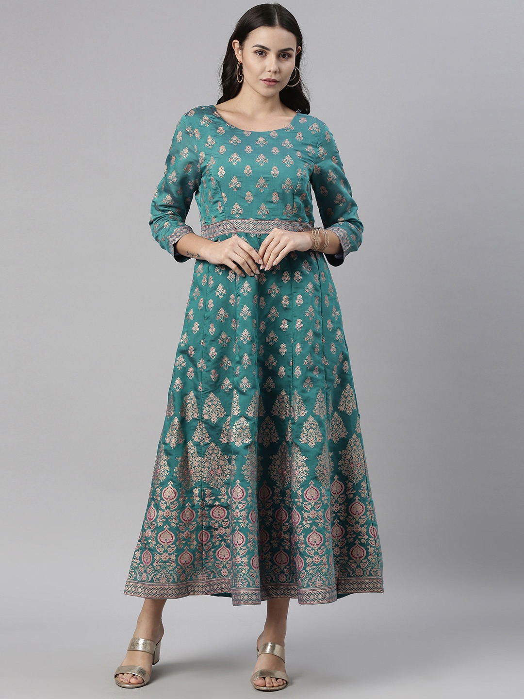 

Global Desi Women Teal Blue Ethnic Motifs Printed Fit And Flare Midi Dress