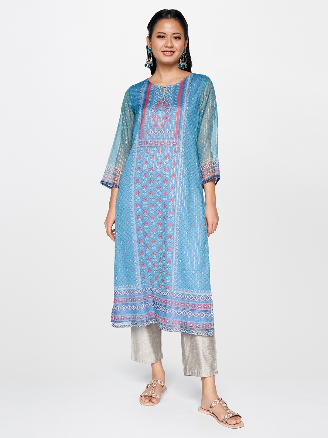 

Global Desi Women Green Striped Kurta