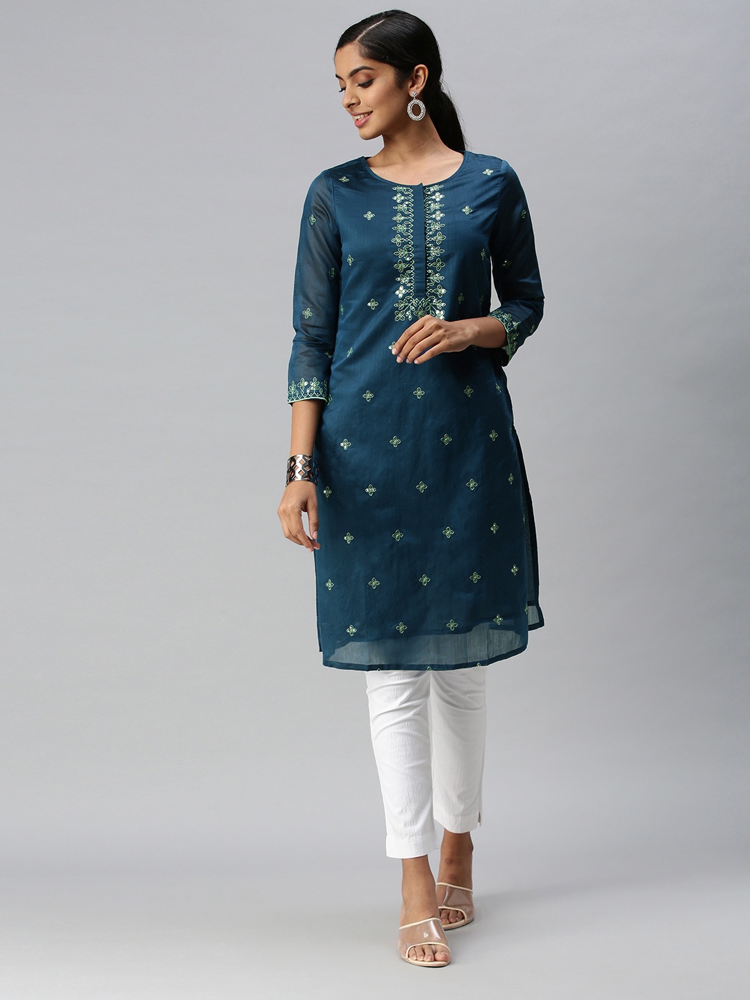 

Global Desi Women Blue Ethnic Motifs Embroidered Kurta