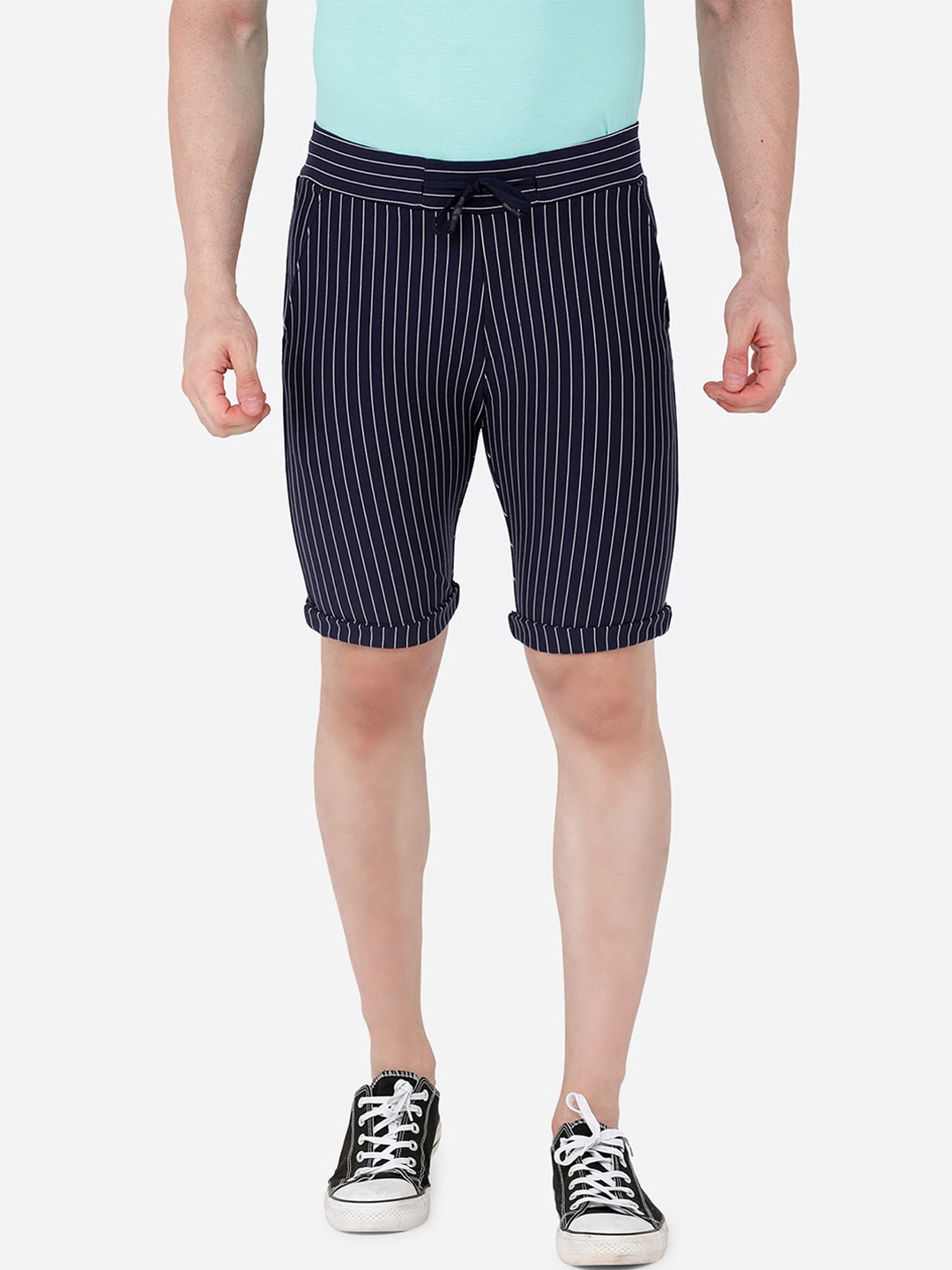 

beevee Men Navy Blue & White Striped Regular Shorts