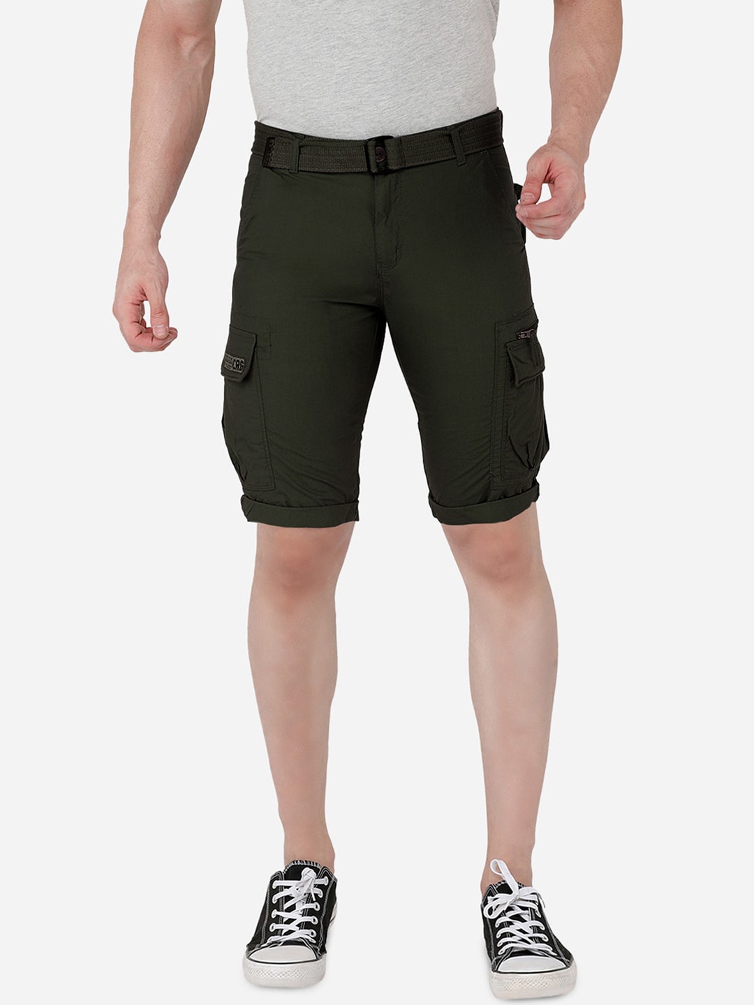 

beevee Men Olive Green Cargo Shorts with Belt