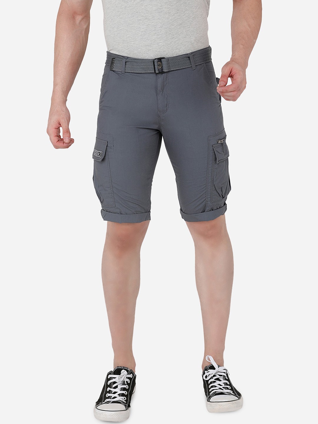 

beevee Men Grey Cargo Pure Cotton Shorts with Belt