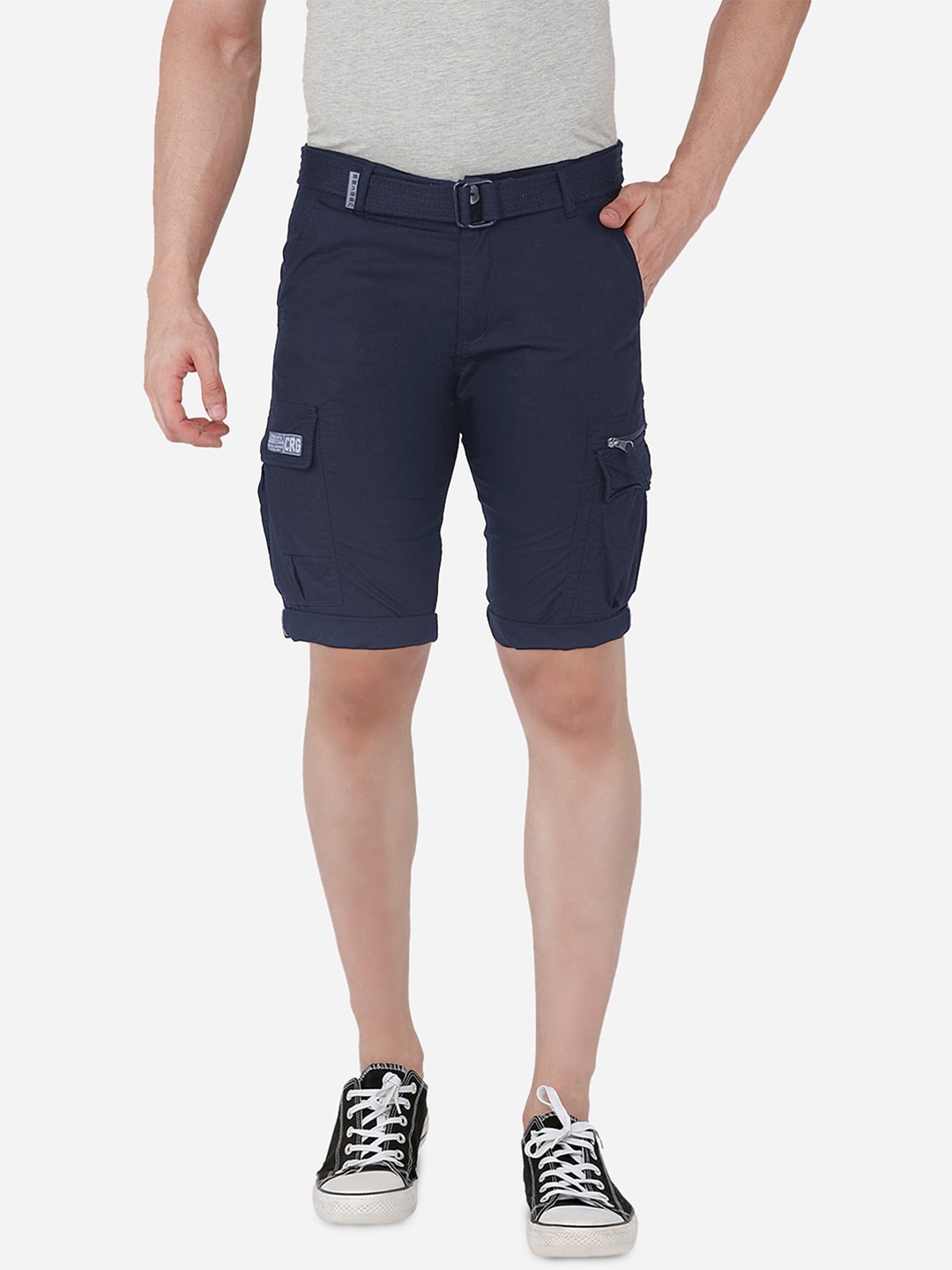 

beevee Men Navy Blue Pure Cotton Cargo Shorts with Belt