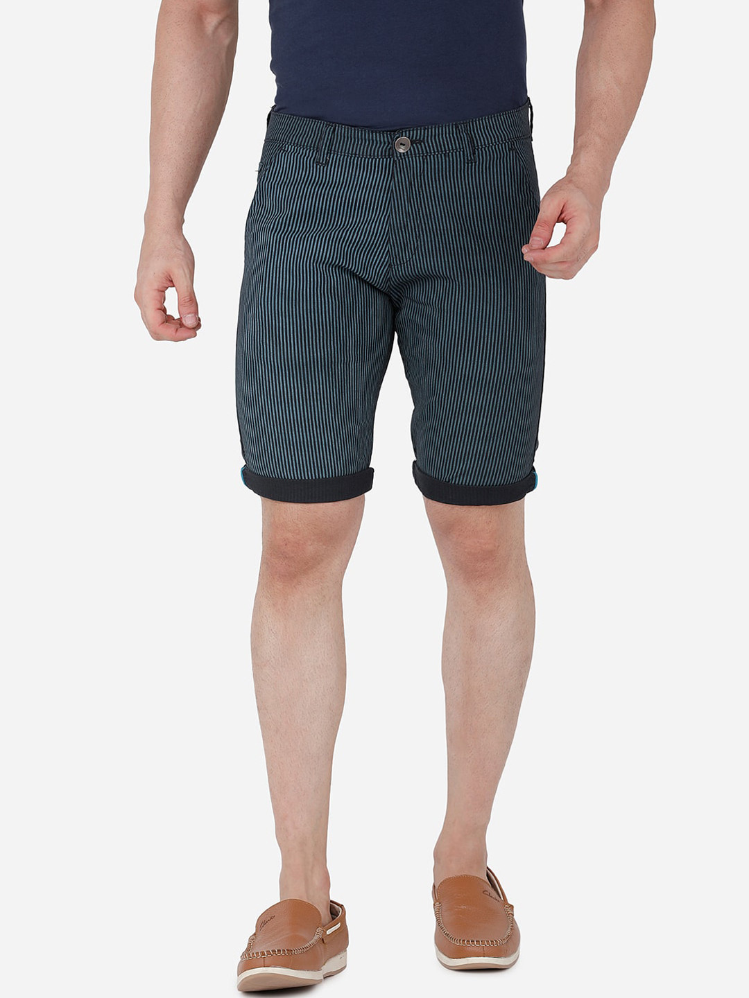 

beevee Men Navy Blue Striped Pure Cotton Shorts