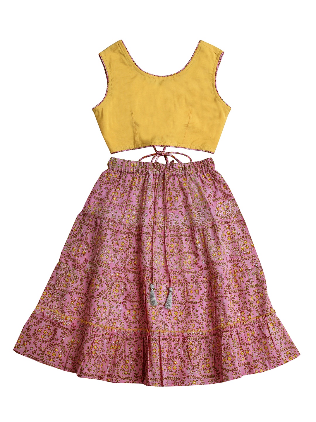 

My Little Lambs Girls Yellow & Pink Block Print Ready to Wear Lehenga-Choli