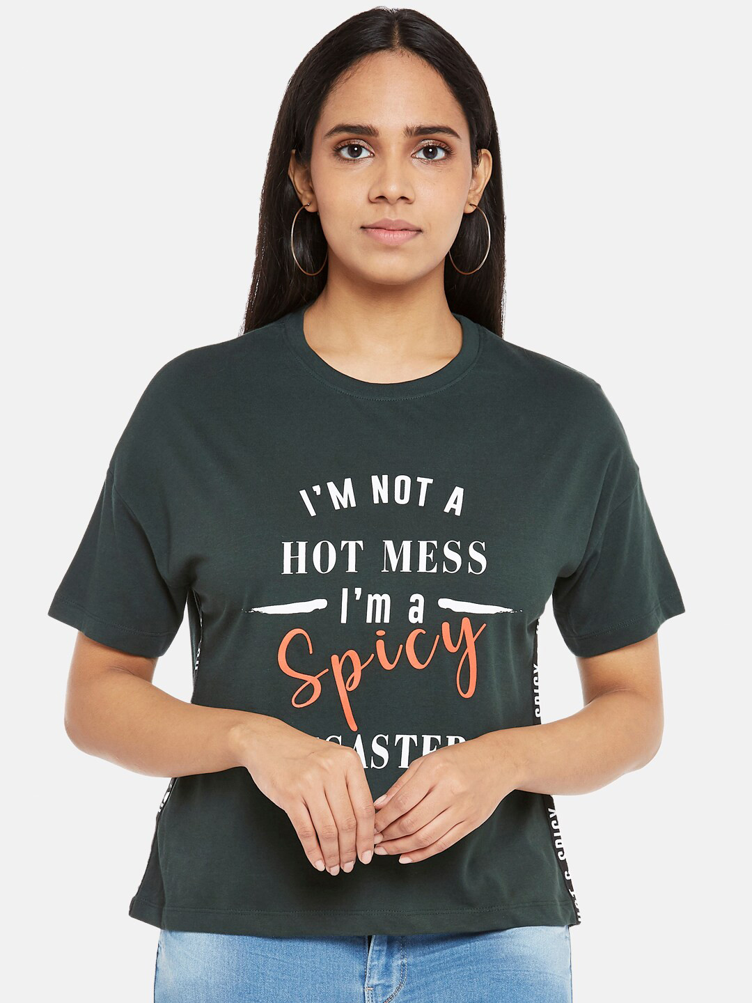 

People Women Green & White Typography Printed Regular Top