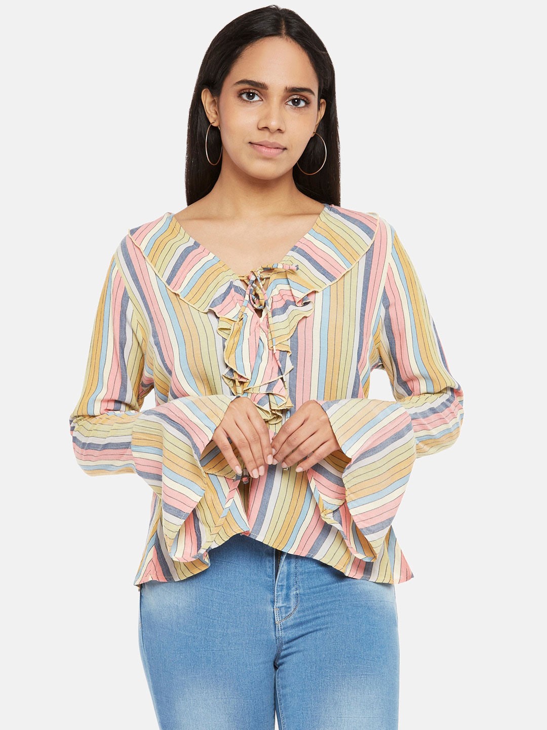

People Women Multicoloured Striped V-Neck Regular Top, Multi