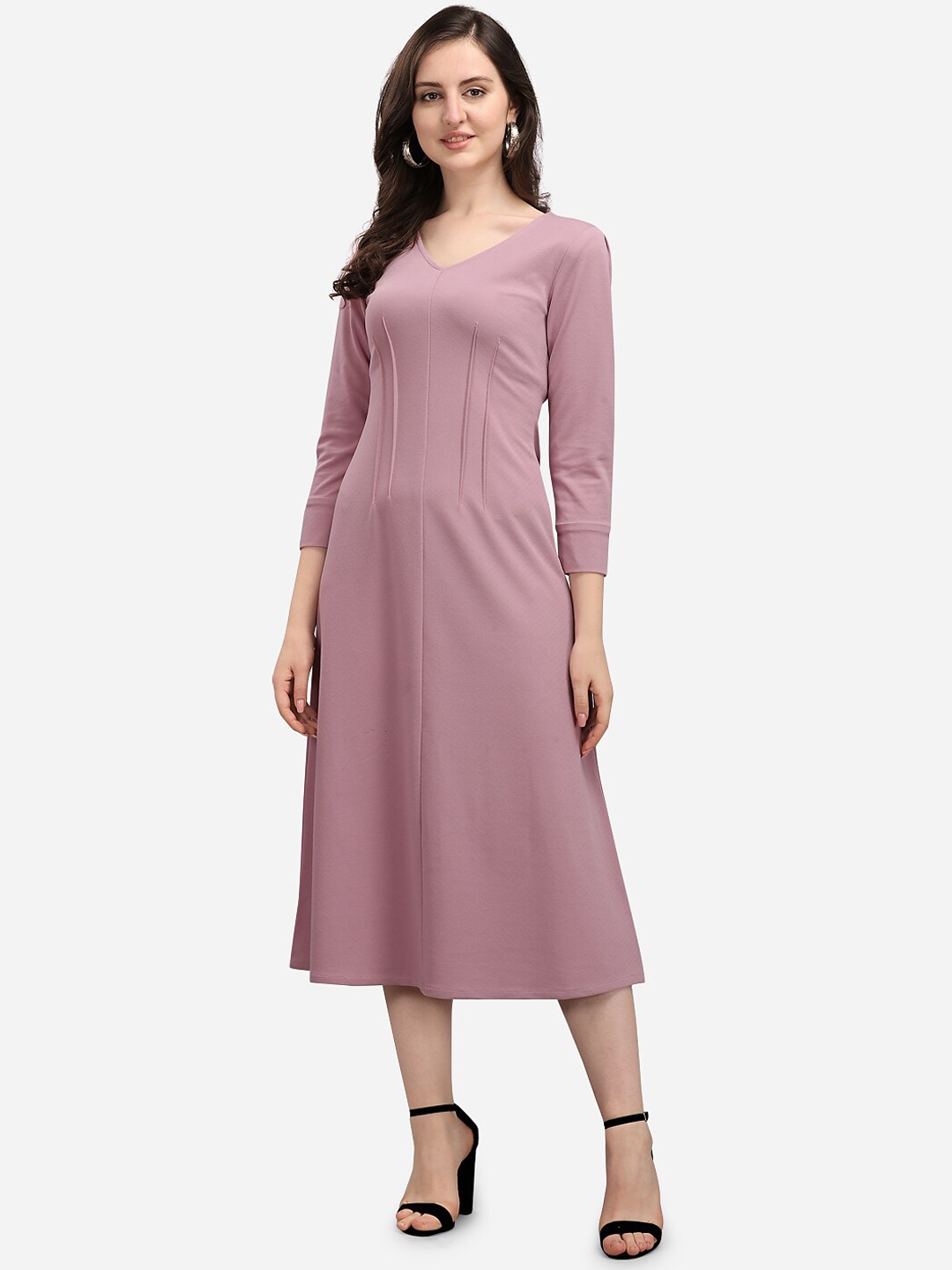 

PURVAJA Women Mauve Solid A-Line Midi Dress