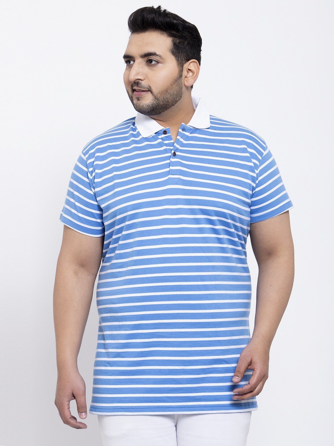 

plusS Men Blue White Striped Polo Collar Pure Cotton T-shirt