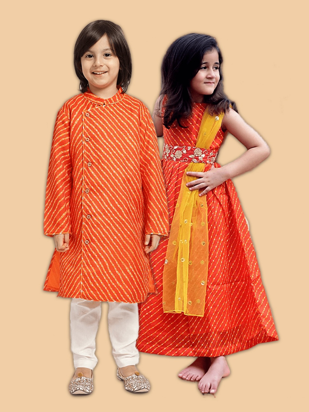 

PICCOLO Boys Orange Striped Layered Kurta with Pyjamas