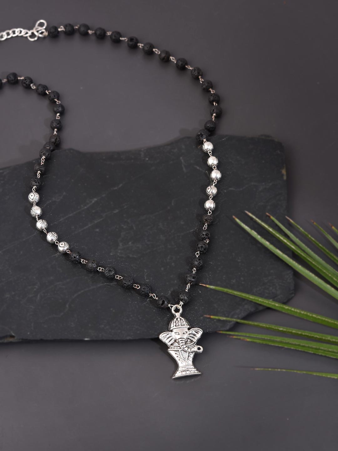 

Tistabene Men Silver-Plated Black Beaded Ganesh Pendant With Chain