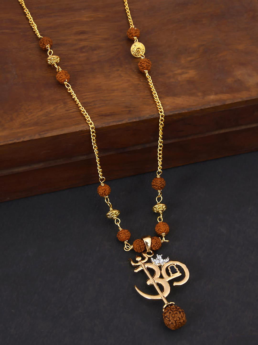 

Tistabene Men Gold-Plated Omkar-Shaped Pendant With Brown Rudraksha Beaded Chain