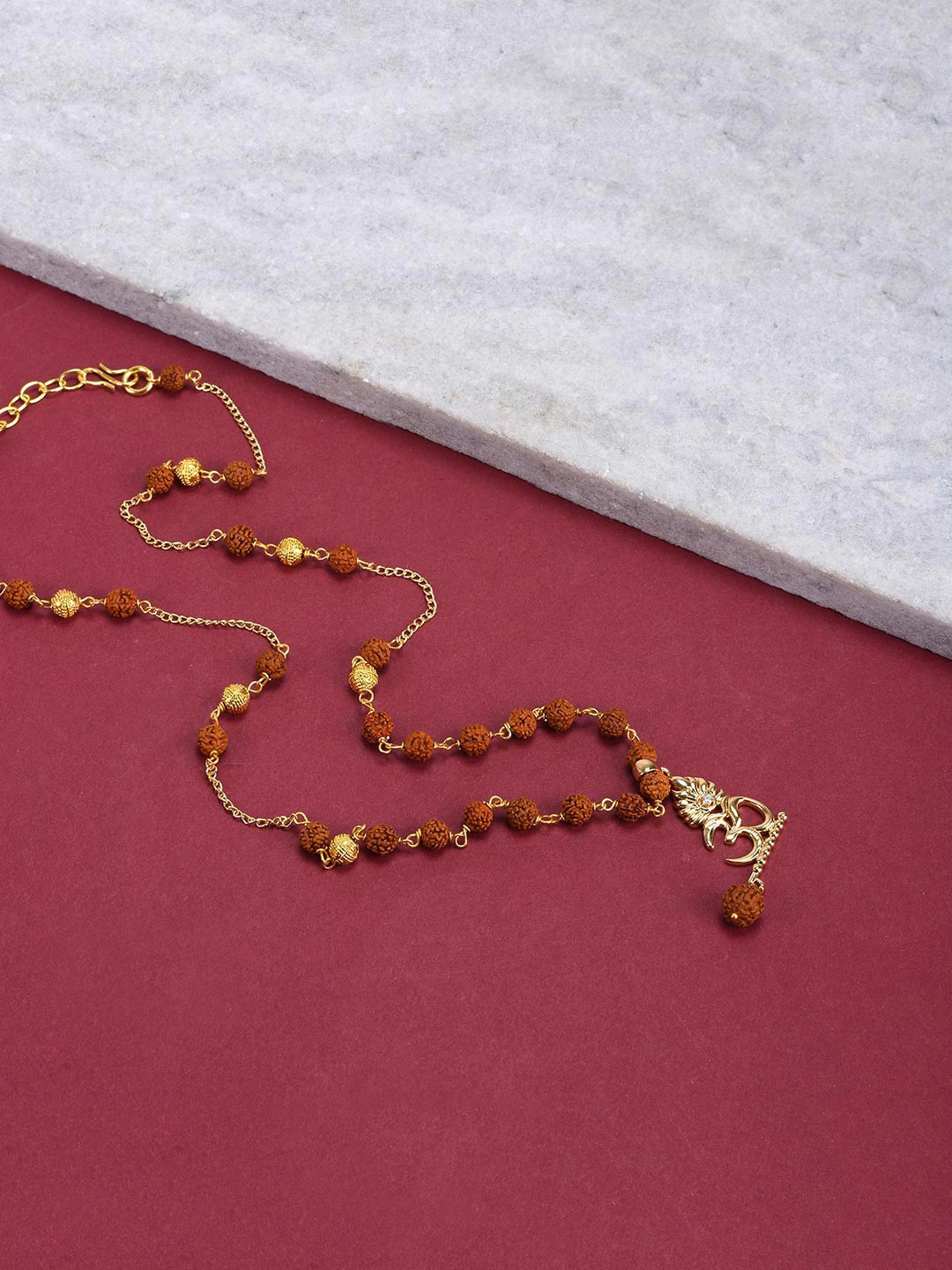 

Tistabene Men Gold-Plated Brown Beaded Omkar Pendant With Chain