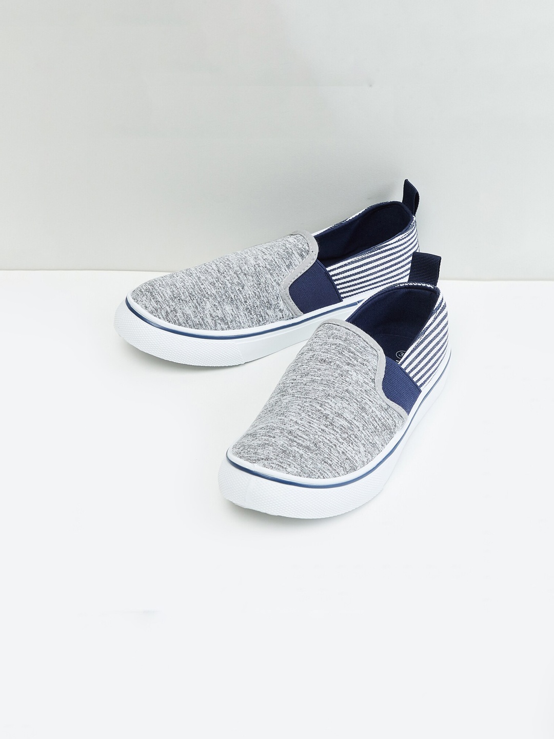 

max Boys Grey and Blue Striped Slip-On Sneakers