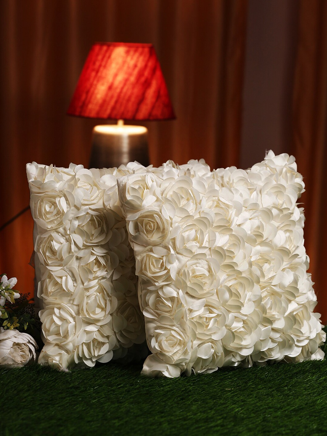 

HOSTA HOMES Cream-Coloured Set of 2 Embellished Square Cushion Covers