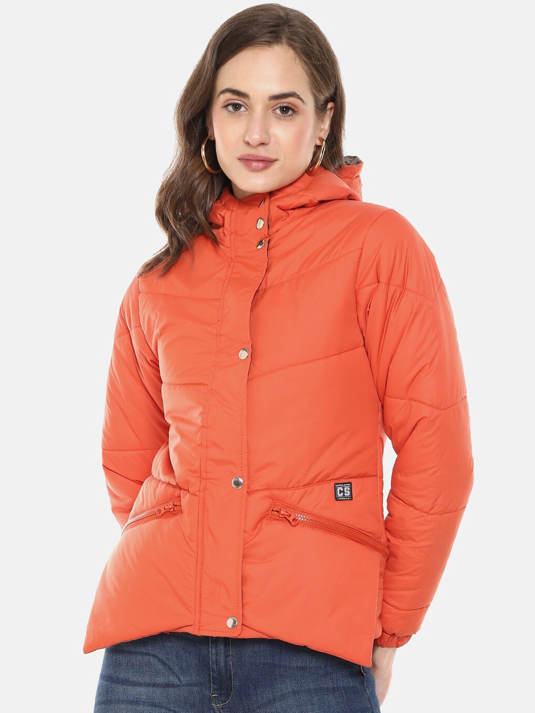 

Campus Sutra Women Orange Windcheater Hooded Padded Jacket