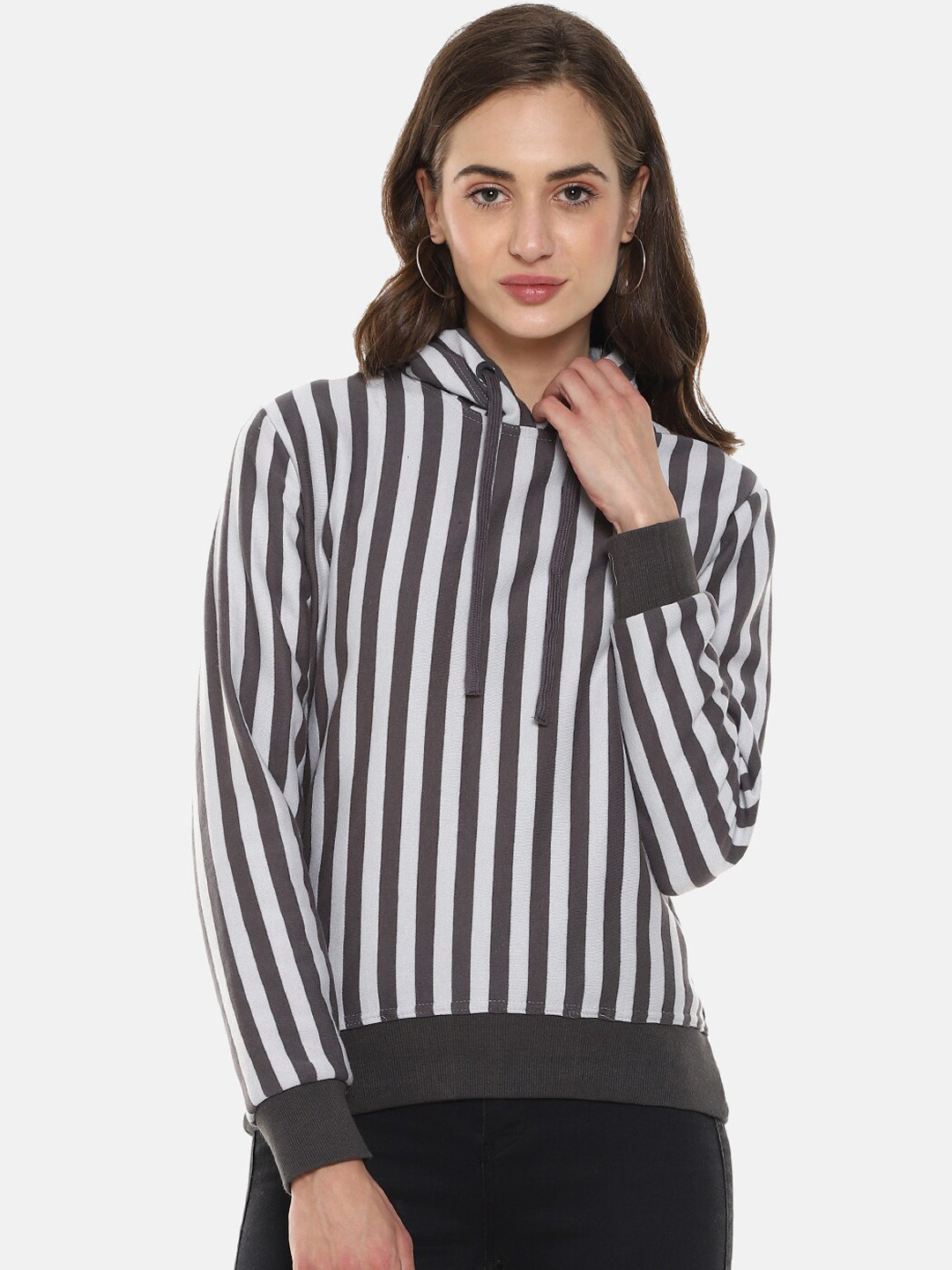 

Campus Sutra Women Grey & White Striped Hooded Sweatshirt