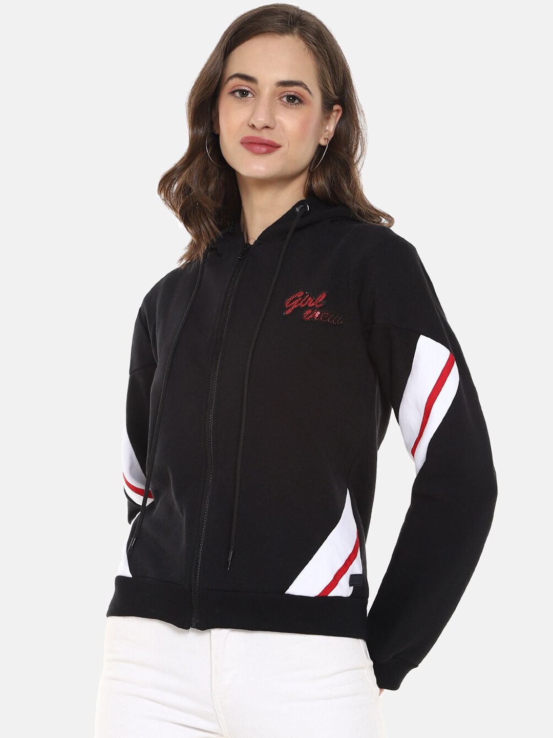 

Campus Sutra Women Black and White Colourblocked Hooded Sweatshirt