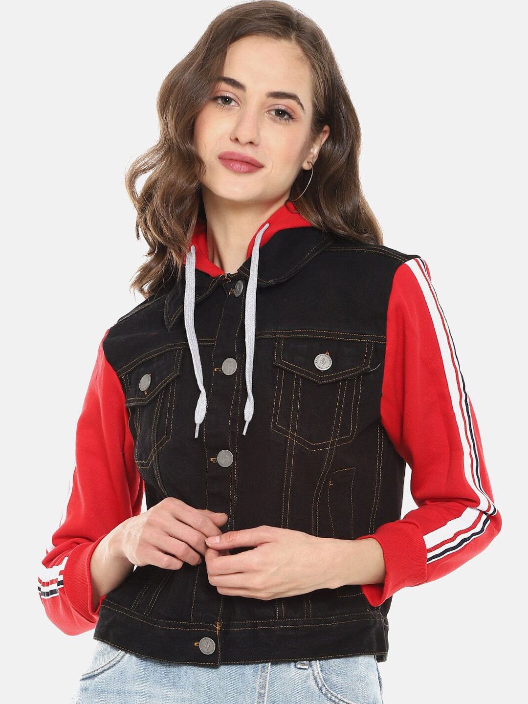 

Campus Sutra Women Black and Red Hooded Windcheater Denim Jacket