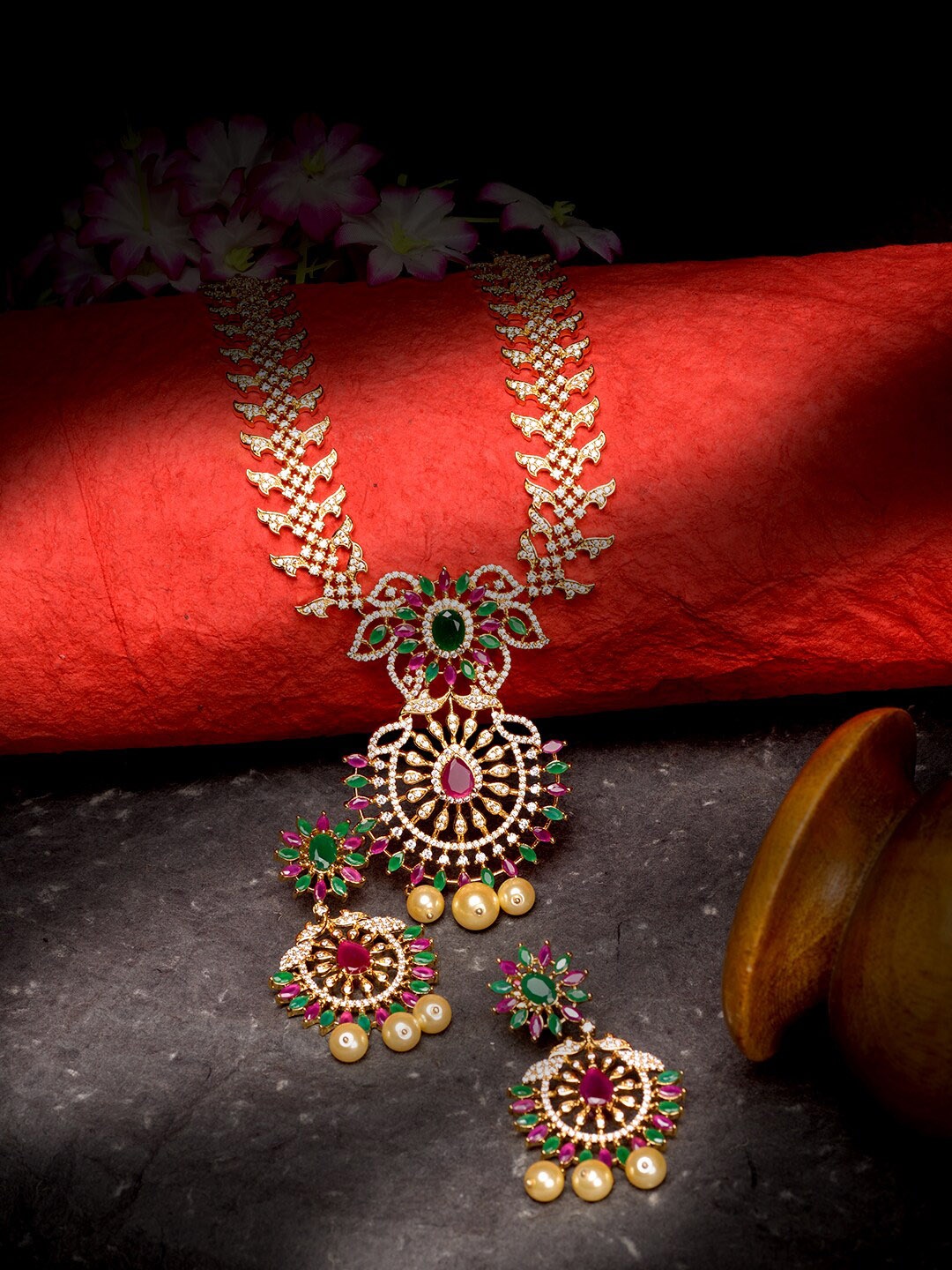 

Saraf RS Jewellery Gold-Plated AD & CZ-Studded & Beaded Handcrafted Jewellery Set