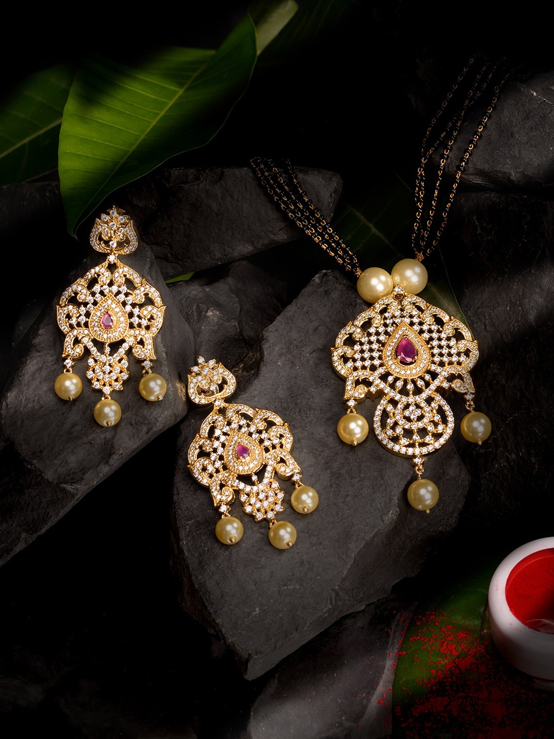 

Saraf RS Jewellery Gold-Plated White & Magenta American Diamond Studded Jewellery Set