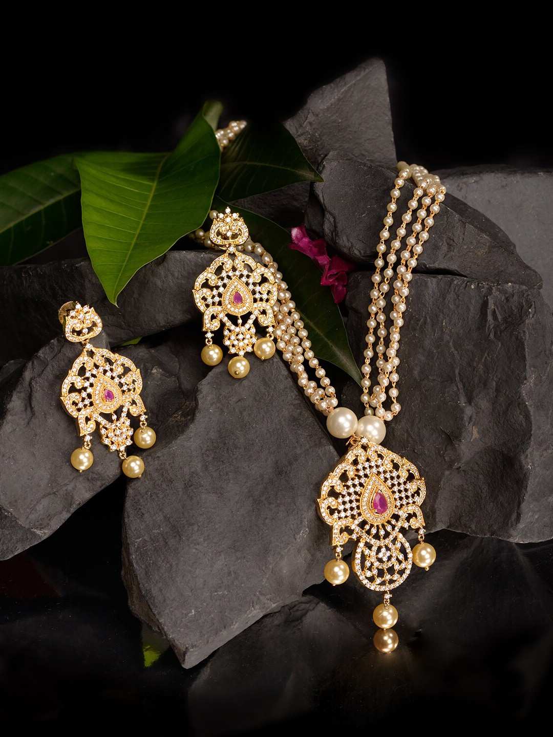 

Saraf RS Jewellery Gold-Plated White & Magenta American Diamond Studded Jewellery Set