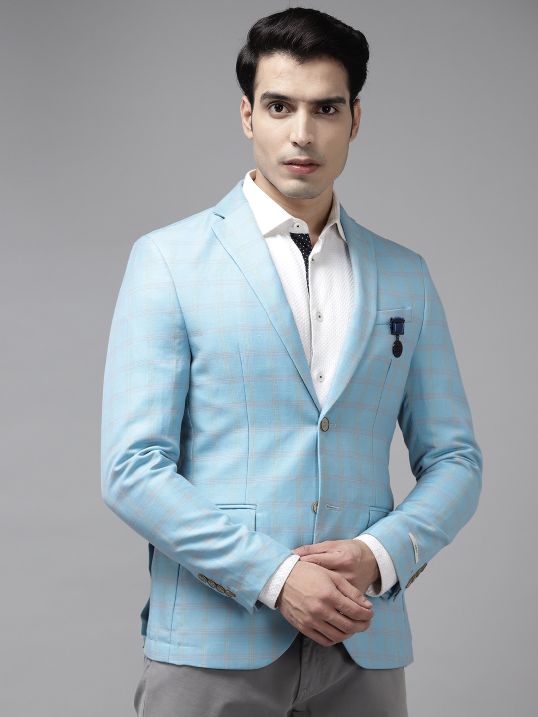 

Blackberrys Men Turquoise Blue & Beige Checked Slim-Fit Single-Breasted Casual Blazer