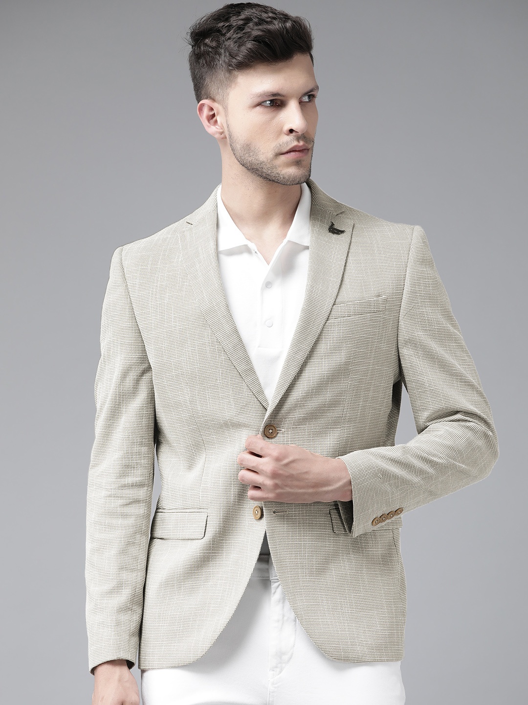 

Blackberrys Men Olive Green & White Slim Fit Checked Smart Casual Blazer