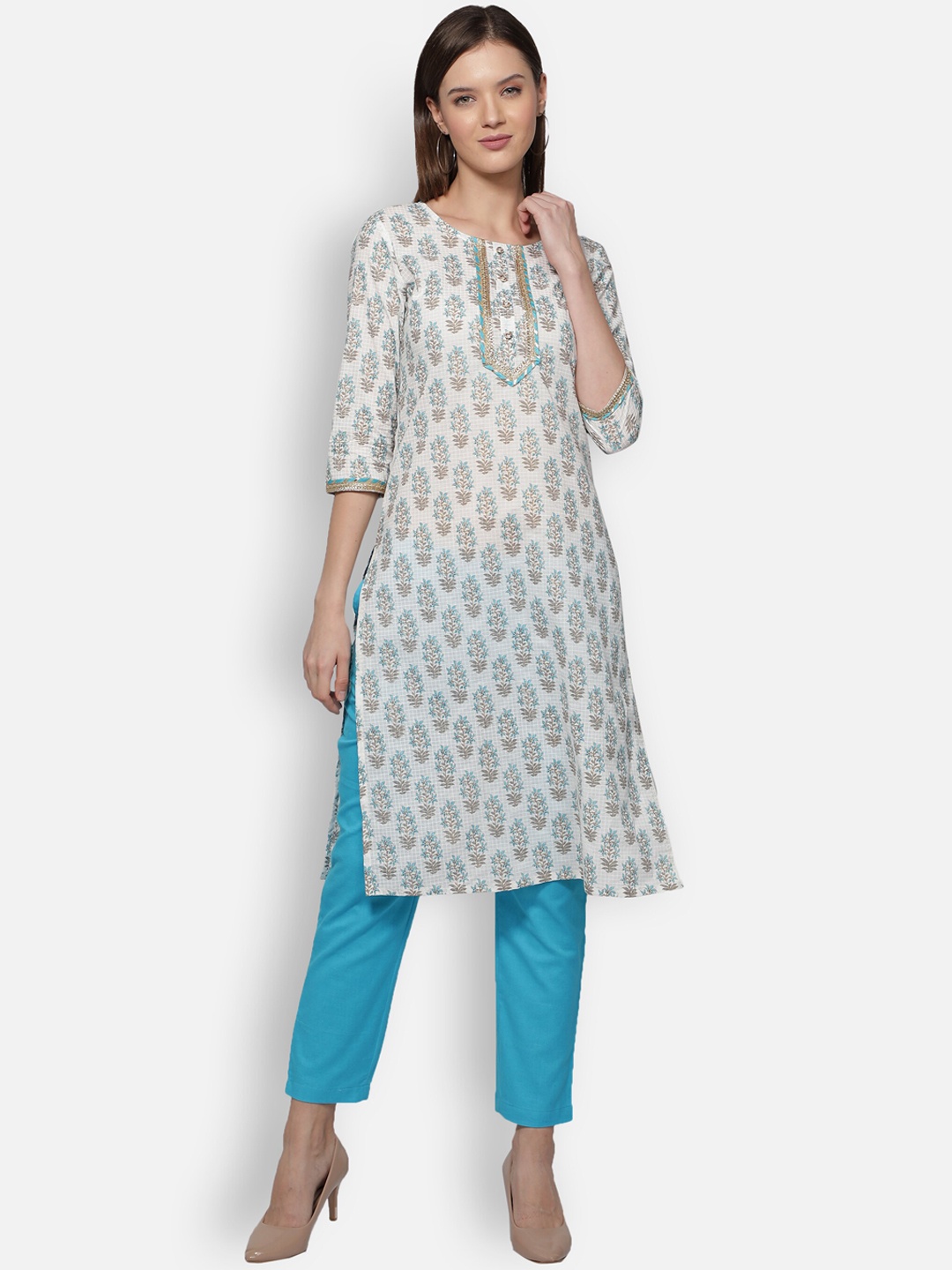 

Dipsha Women White Ethnic Motifs Printed Pure Cotton Kurta with Trousers