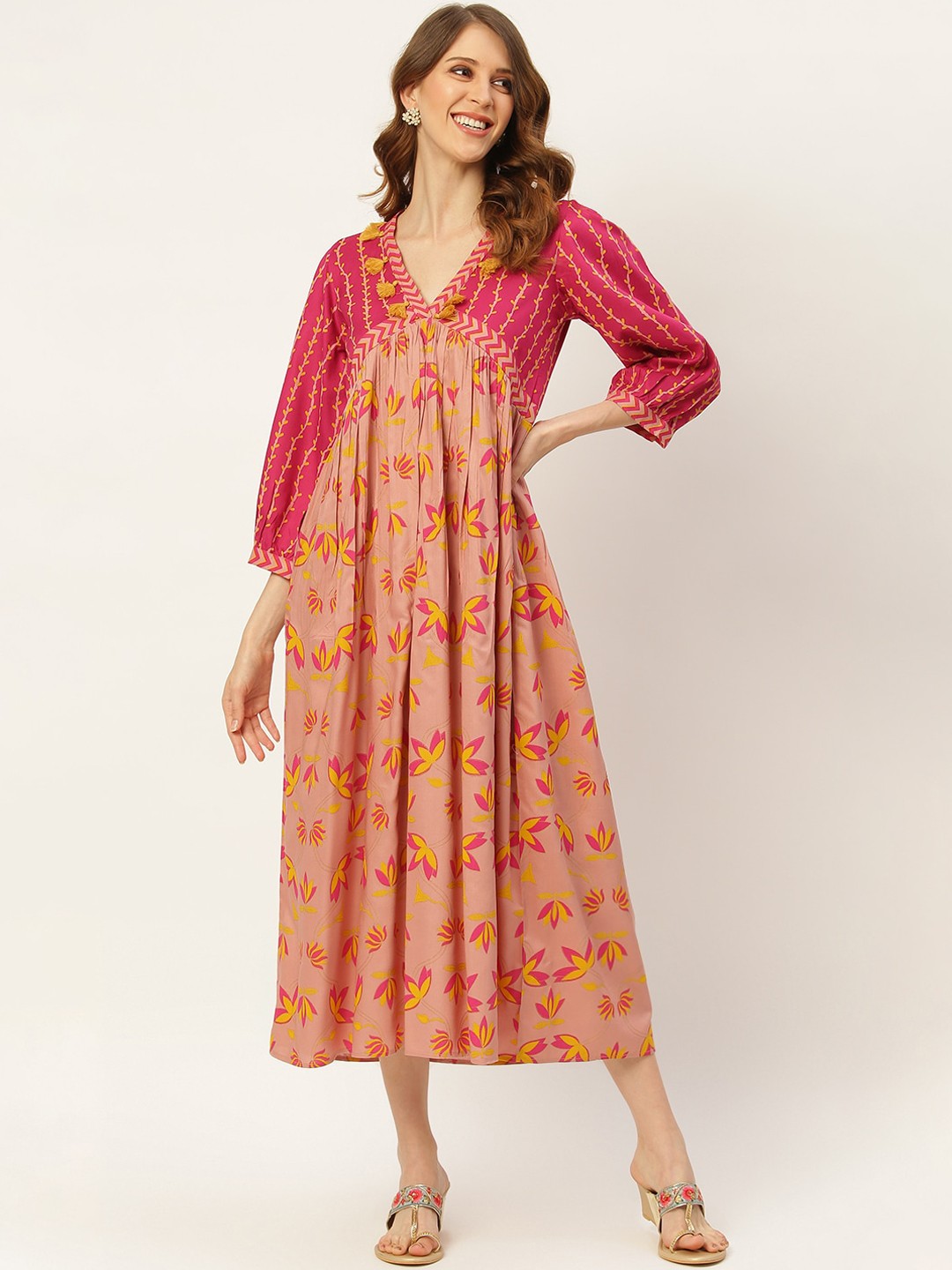 

Rustorange Coral & Pink Floral A-Line Midi Dress