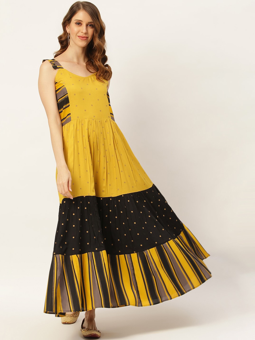 

Rustorange Women Yellow & Black Colourblocked Tiered Dress