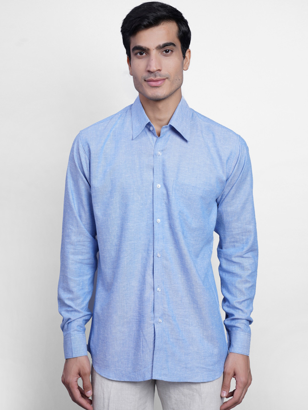 

Wintage Men Blue Casual Linen Shirt
