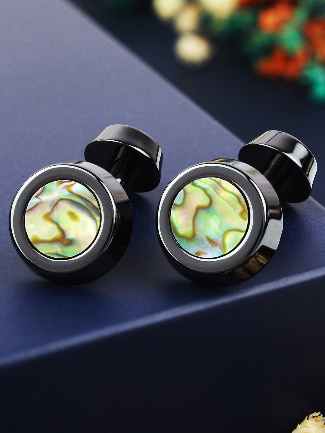 

PELUCHE Men Black Zirconium Ceramic Studded Round Cufflinks