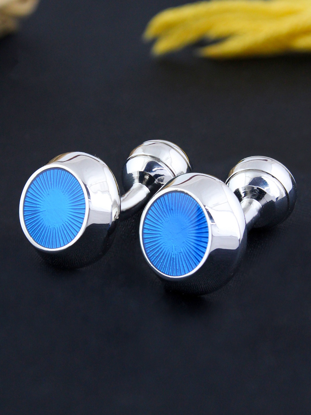 

PELUCHE Silver-Toned & Blue Round Cufflink